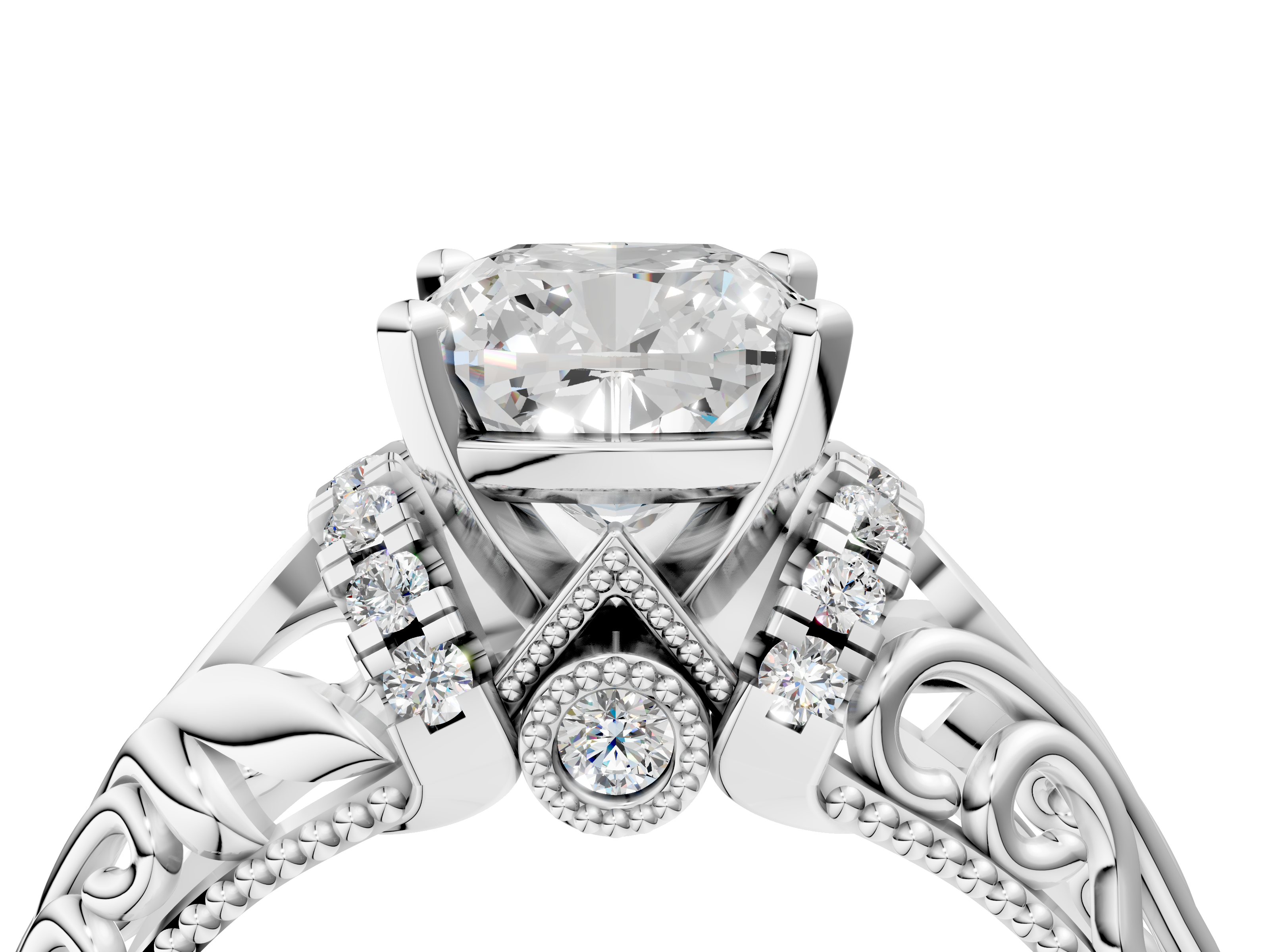 White gold Cushion Solitaire Filigree Engagement Ring with Halo and Prong Setting_102
