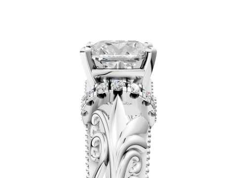 White gold Cushion Solitaire Filigree Engagement Ring with Halo and Prong Setting_103