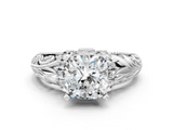 White gold Cushion Solitaire Filigree Engagement Ring with Halo and Prong Setting_115