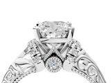 White gold Cushion Solitaire Filigree Engagement Ring with Halo and Prong Setting_119