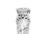 White gold Cushion Solitaire Filigree Engagement Ring with Halo and Prong Setting_120
