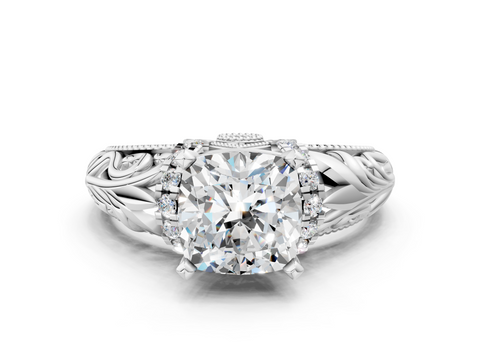 White gold Cushion Solitaire Filigree Engagement Ring with Halo and Prong Setting_98