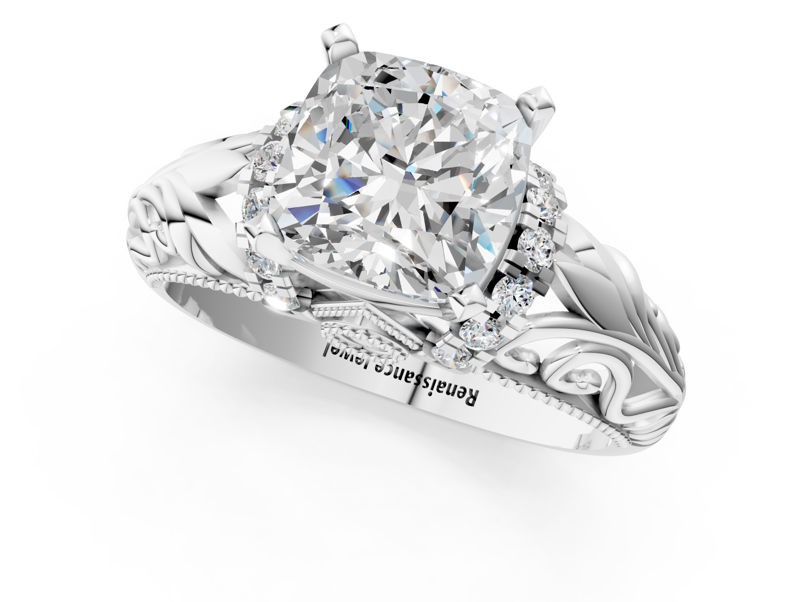 White gold Cushion Solitaire Filigree Engagement Ring with Halo and Prong Setting_99