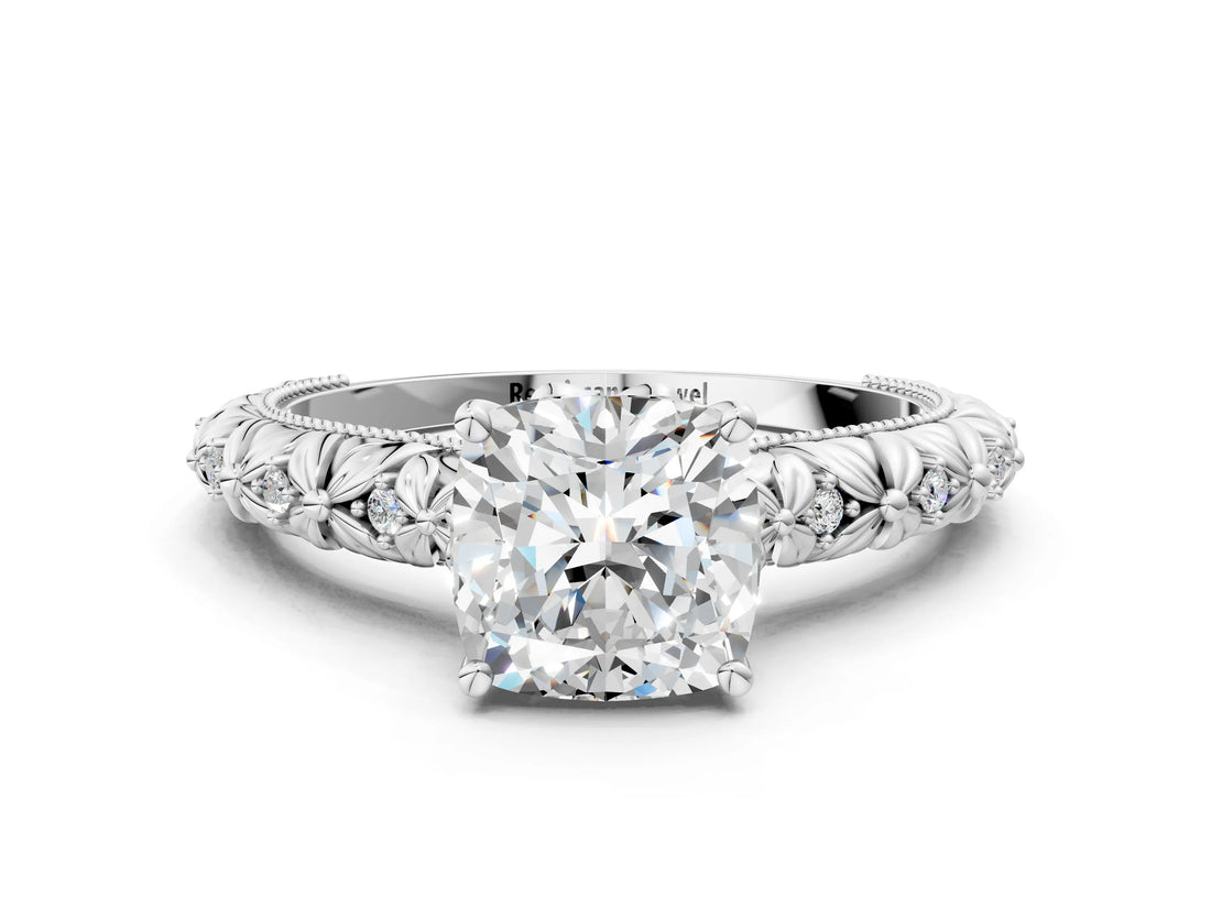 White gold Cushion Solitaire Floral Milgrain Engagement Ring_52
