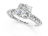 White gold Cushion Solitaire Floral Milgrain Engagement Ring_57