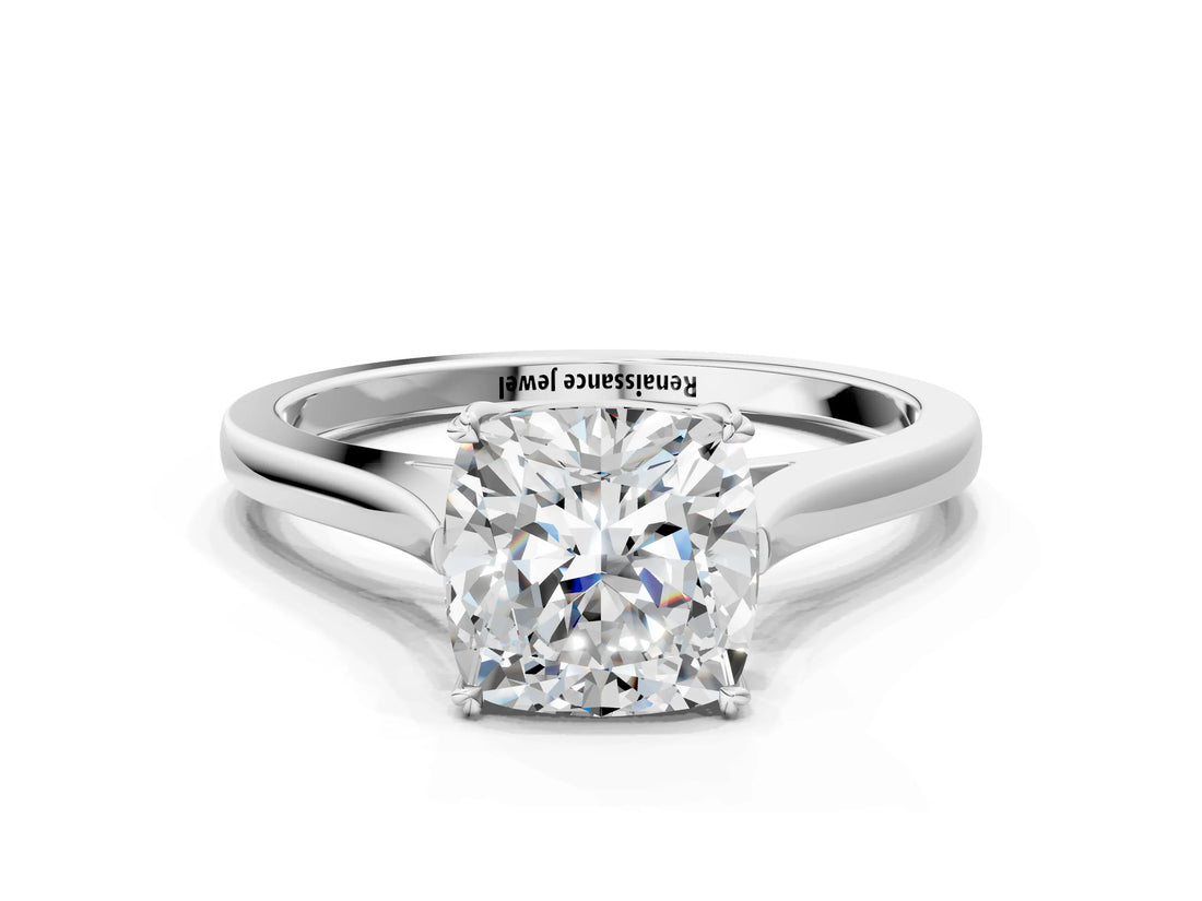 White gold Cushion Solitaire Heart Prong Engagement Ring with Tapered Band_74