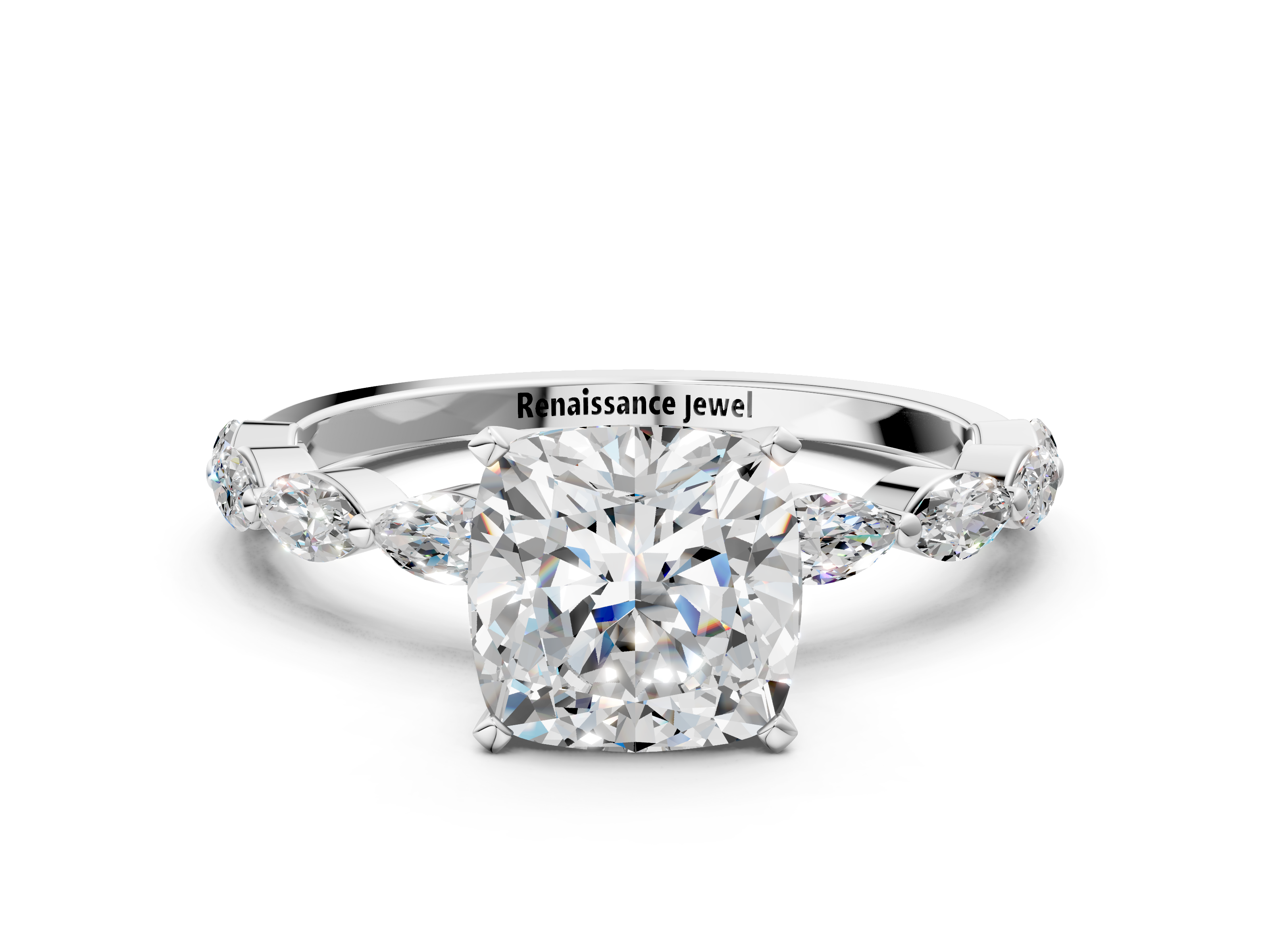 White gold Cushion Solitaire Marquise Side Stone Prong Setting Ring_53