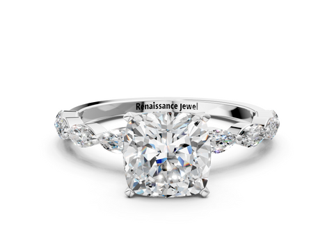 White gold Cushion Solitaire Marquise Side Stone Prong Setting Ring_53