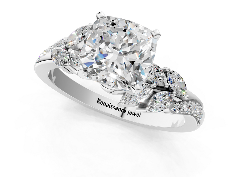 White gold Cushion Solitaire Marquise Twist Band with Six-Prong Setting