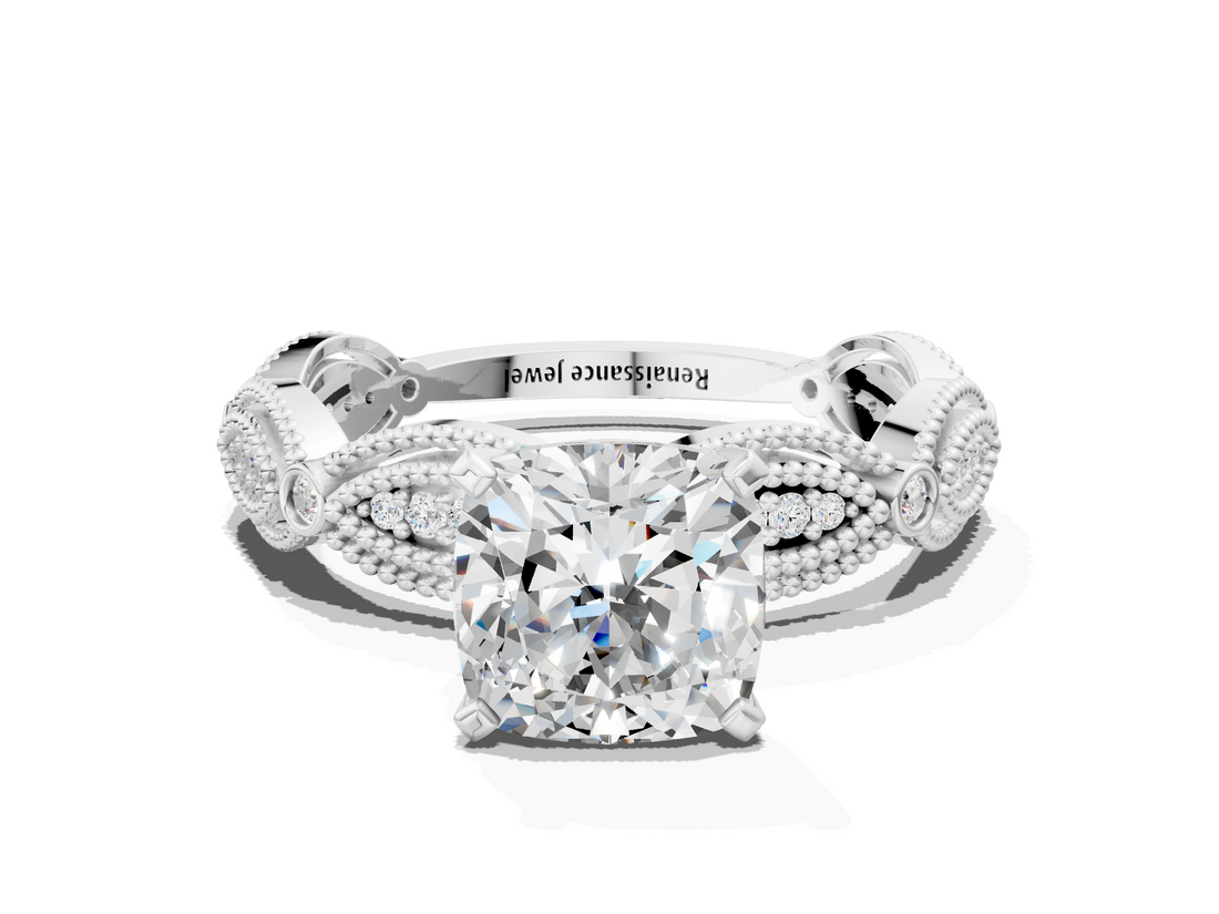 White gold Cushion Solitaire Milgrain Diamond Engagement Ring with Bezel and Marquise Band_106