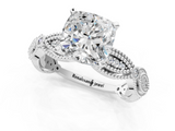 White gold Cushion Solitaire Milgrain Diamond Engagement Ring with Bezel and Marquise Band_108