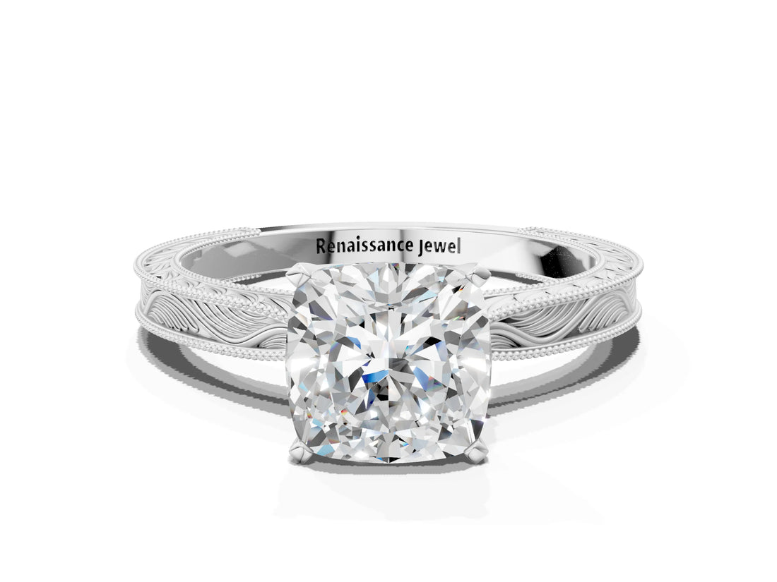 White gold Cushion Solitaire Milgrain Engraved Band with Four-Prong Setting_4