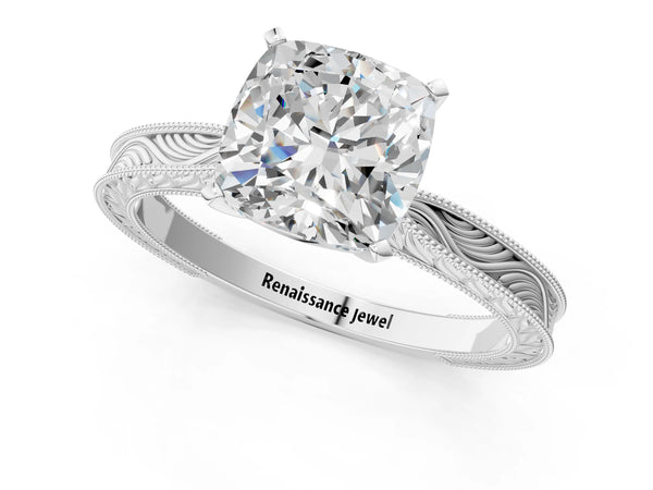 Platinum Cushion Cut Vintage Solitaire Engagement Ring Setting with Milgrain Engraved Band