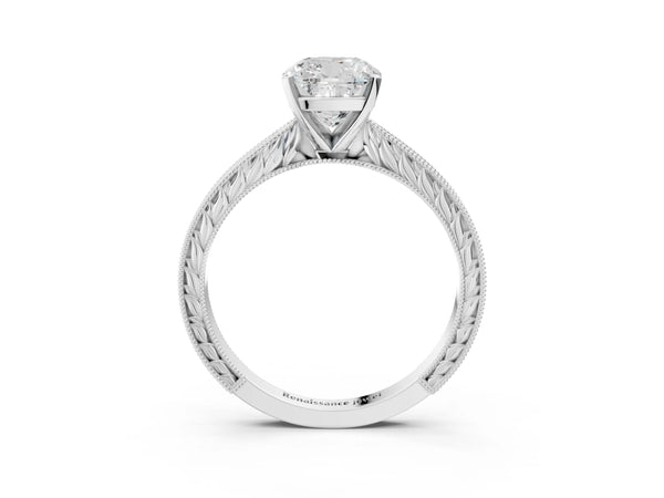 Platinum Cushion Cut Vintage Solitaire Engagement Ring Setting with Milgrain Engraved Band