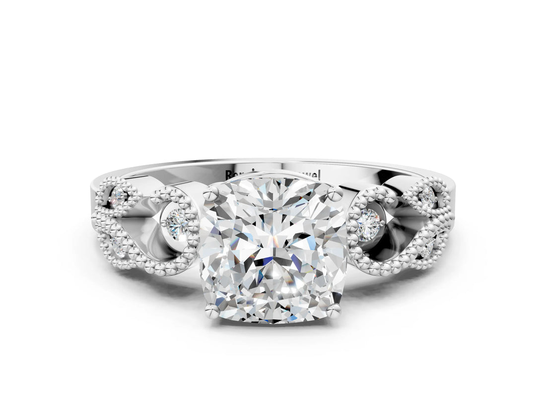 White gold Cushion Solitaire Milgrain Leaf Band with Prong Setting_3