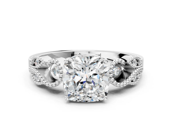 Platinum Cushion Cut Vintage Solitaire Engagement Ring Setting with Milgrain Leaf Shoulders