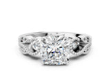 White gold Cushion Solitaire Milgrain Leaf Band with Prong Setting_3