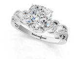 White gold Cushion Solitaire Milgrain Leaf Band with Prong Setting_4