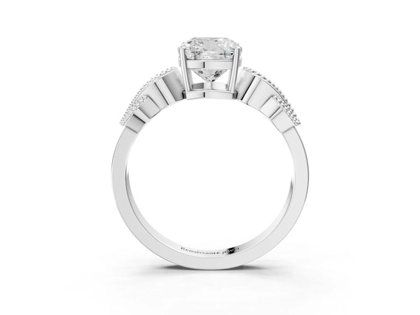 Platinum Cushion Cut Vintage Solitaire Engagement Ring Setting with Milgrain Leaf Shoulders