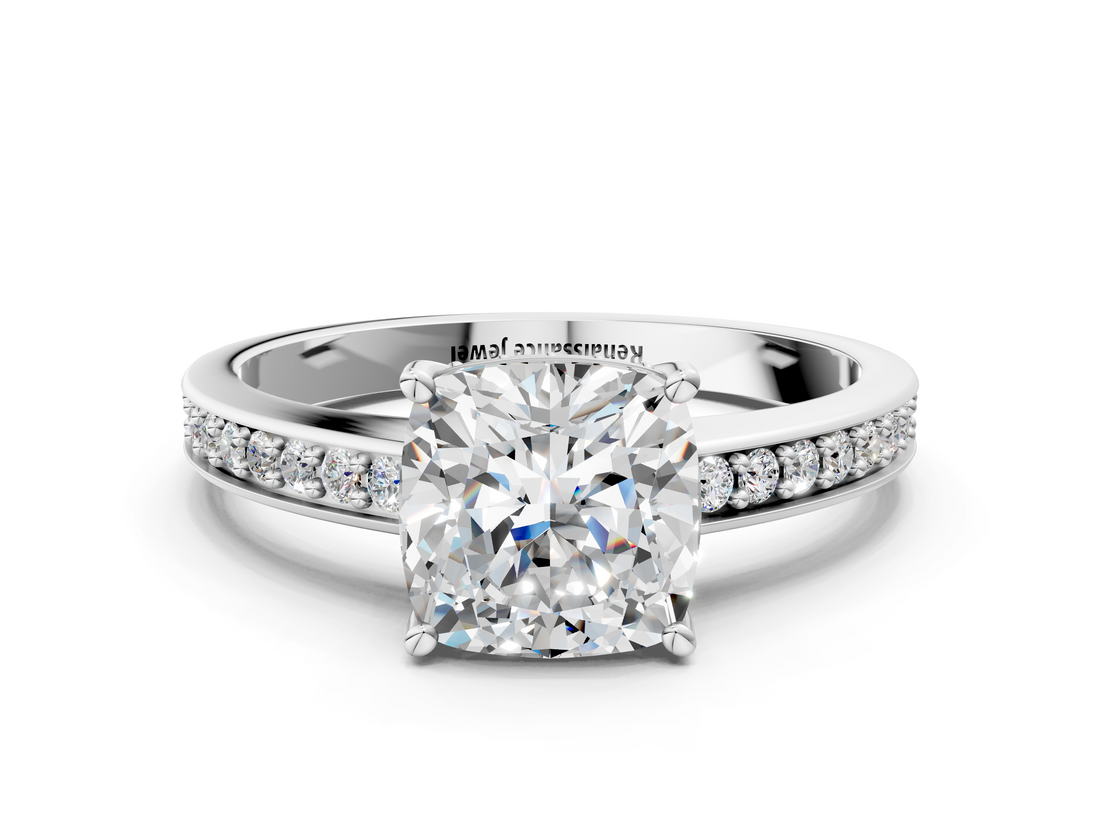 White gold Cushion Solitaire Pavé Band Prong Setting Ring_20