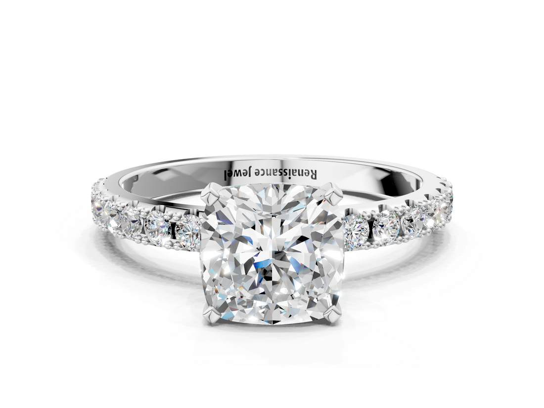 18K White Gold 2.01 Carat D VVS2 Cushion Diamond Solitaire Pavé Band with Four-Prong Setting