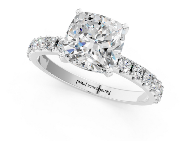 18K White Gold 2.01 Carat D VVS2 Cushion Diamond Solitaire Pavé Band with Four-Prong Setting