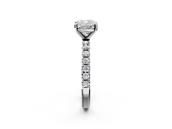 18K White Gold 2.01 Carat D VVS2 Cushion Diamond Solitaire Pavé Band with Four-Prong Setting