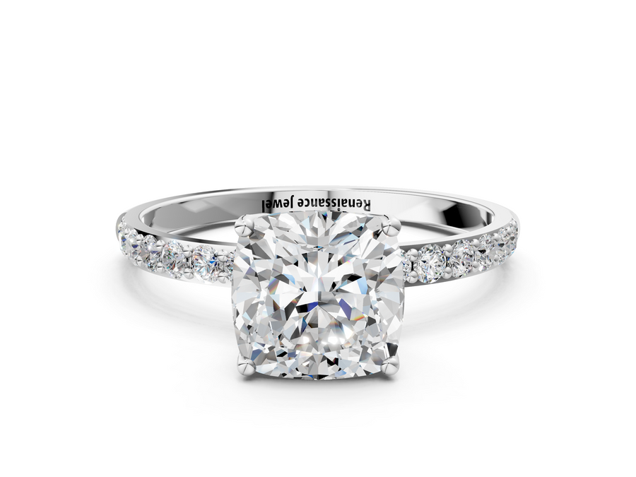 White gold Cushion Cut Diamond Solitaire Engagement Ring with Round  Pavé Band and Prong Setting