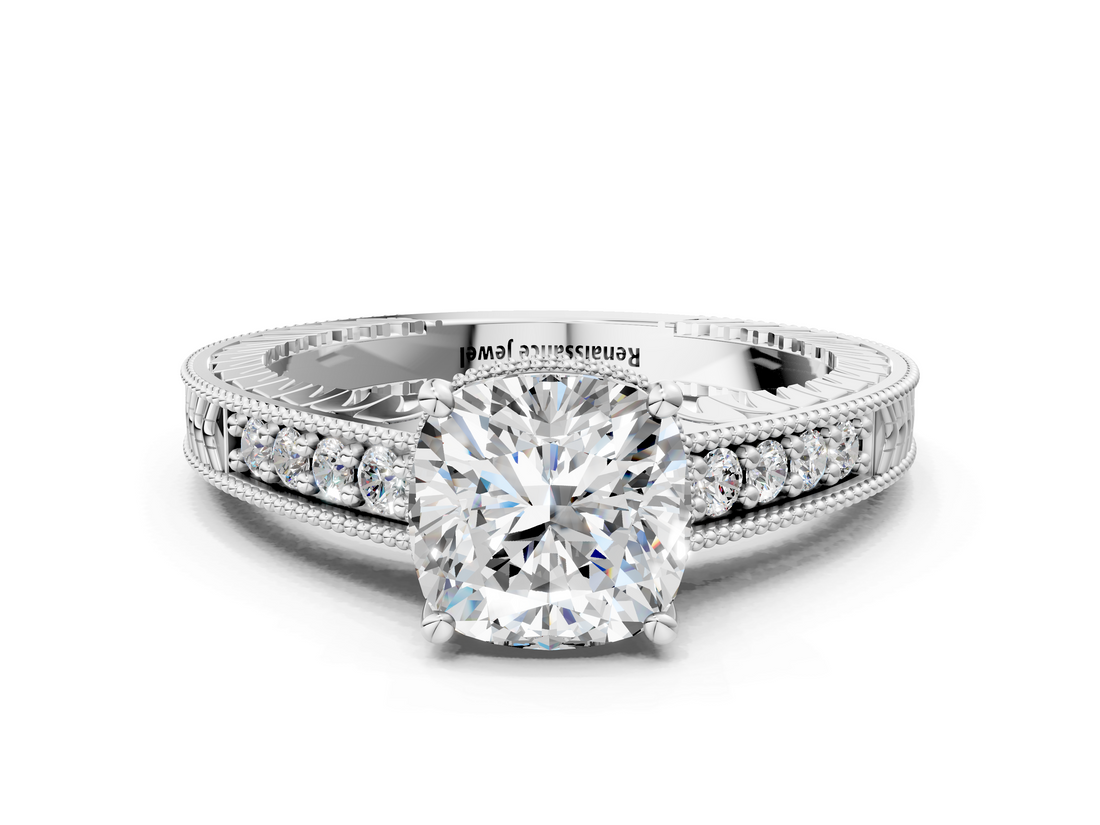 White gold Cushion Solitaire Pavé Diamond Milgrain Engagement Ring with Four-Prong Setting_21