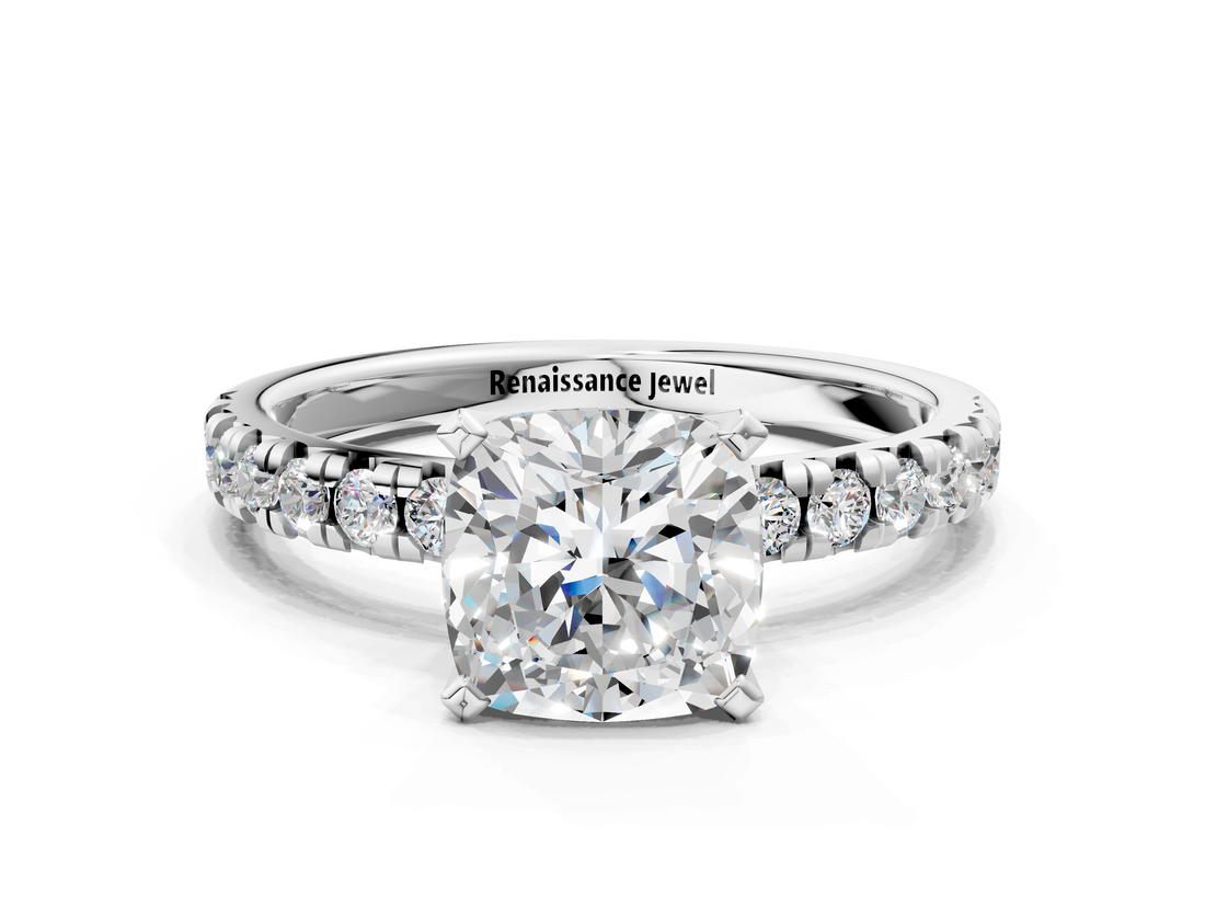 White gold Cushion Solitaire Pave Diamond Engagement Ring with Four-Prong Setting_370