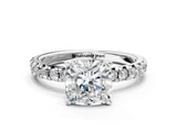 White gold Cushion Solitaire Pave Diamond Engagement Ring with Four-Prong Setting_370