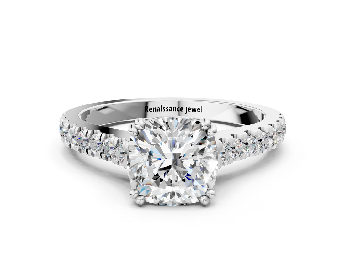White gold Cushion Solitaire Pave Diamond Engagement Ring with Prong Setting_55