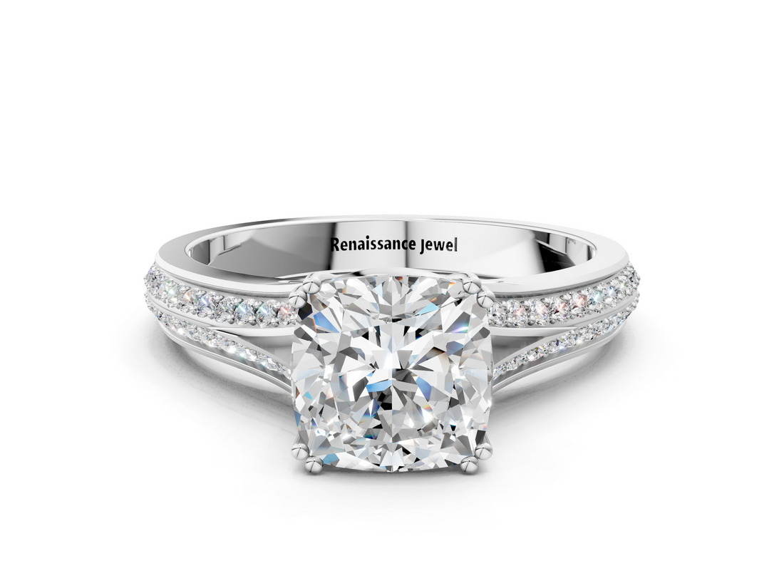White gold Cushion Solitaire Pave Split Shank Engagement Ring with Six-Prong Setting_46