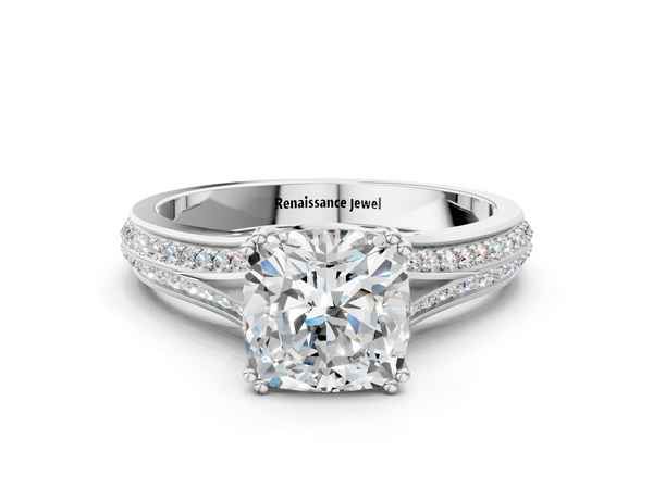 10K White Gold 1.06 Carat E VS1 Cushion Diamond Split Shank Engagement Ring with Pavé Band