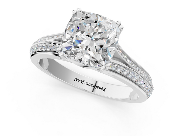10K White Gold 1.06 Carat E VS1 Cushion Diamond Split Shank Engagement Ring with Pavé Band