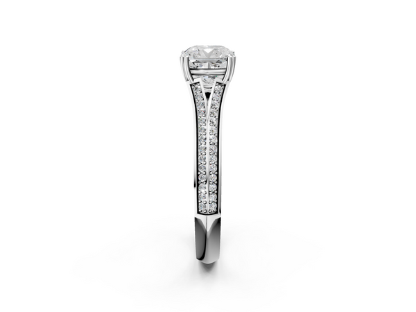 10K White Gold 1.06 Carat E VS1 Cushion Diamond Split Shank Engagement Ring with Pavé Band