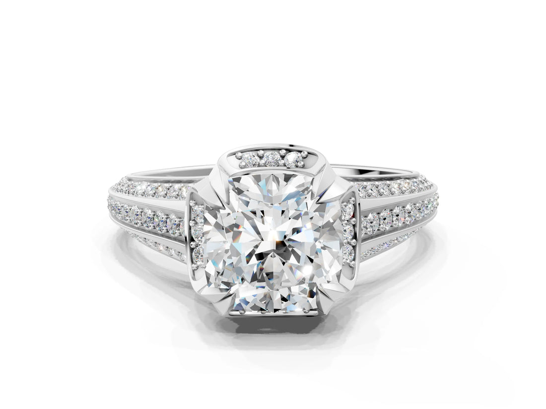 White gold Cushion Solitaire Pave Split Shank Ring with Four-Prong Setting_107