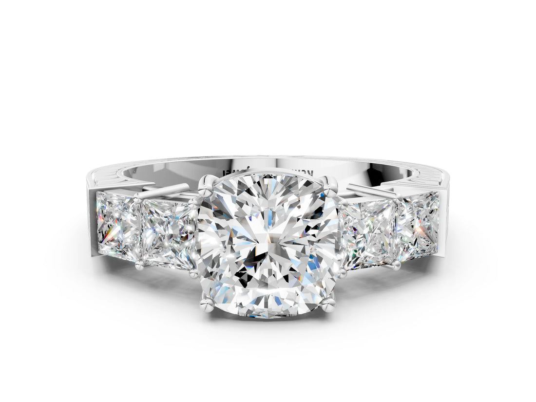 White gold Cushion Solitaire Princess Side Stone Engraved Band Prong Setting Ring_3