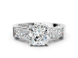 White gold Cushion Solitaire Princess Side Stone Engraved Band Prong Setting Ring_3