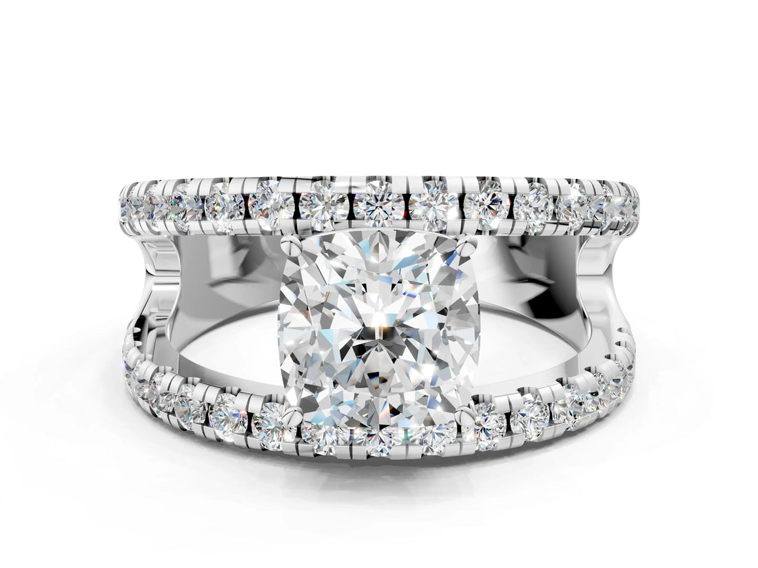 White gold Cushion Solitaire Split Shank Pave Diamond Ring_49