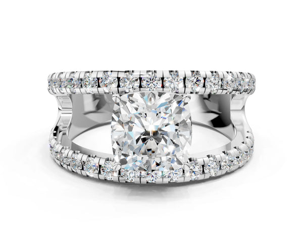 White gold Cushion Solitaire Split Shank Pave Diamond Ring