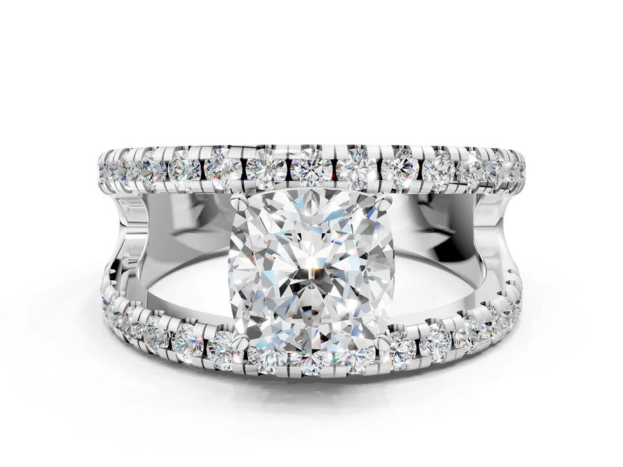 White gold Cushion Solitaire Split Shank Pave Diamond Ring
