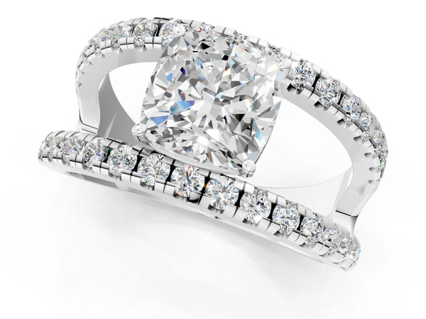 White gold Cushion Solitaire Split Shank Pave Diamond Ring