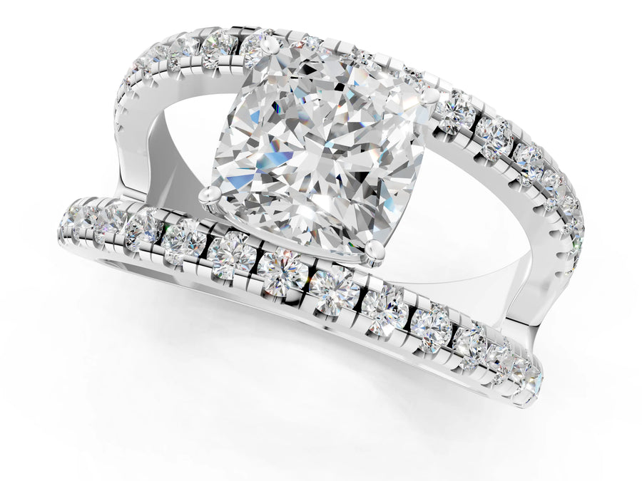 White gold Cushion Solitaire Split Shank Pave Diamond Ring