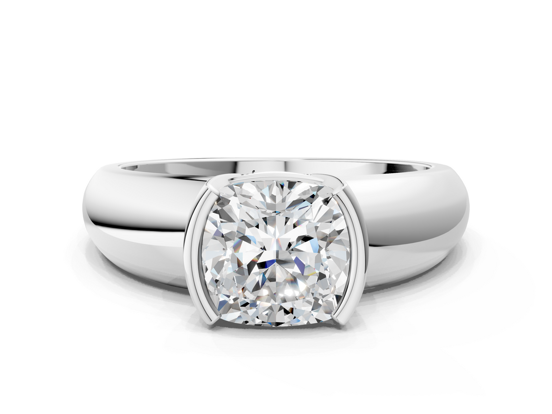 White gold Cushion Solitaire Tension Set Diamond Ring with Wide Band_20