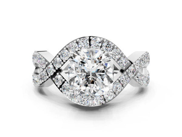 White gold Cushion Solitaire Twist Band Pavé Diamond Engagement Ring