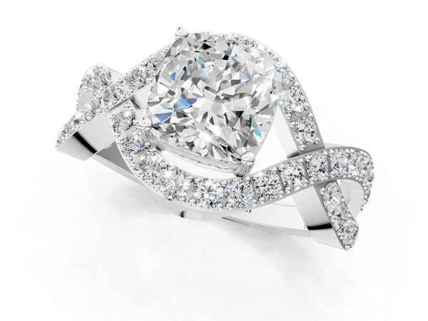White gold Cushion Solitaire Twist Band Pavé Diamond Engagement Ring