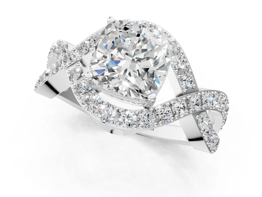 White gold Cushion Solitaire Twist Band Pavé Diamond Engagement Ring