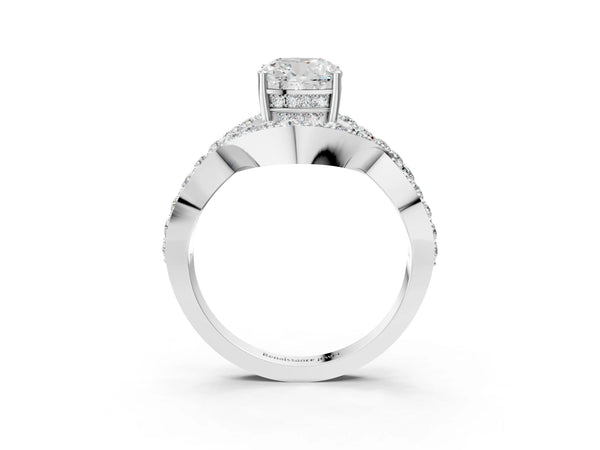 White gold Cushion Solitaire Twist Band Pavé Diamond Engagement Ring