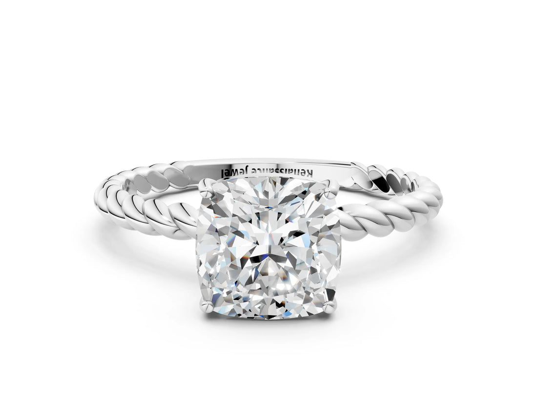 White gold Cushion Solitaire Twist Band Ring with Four-Prong Setting_12